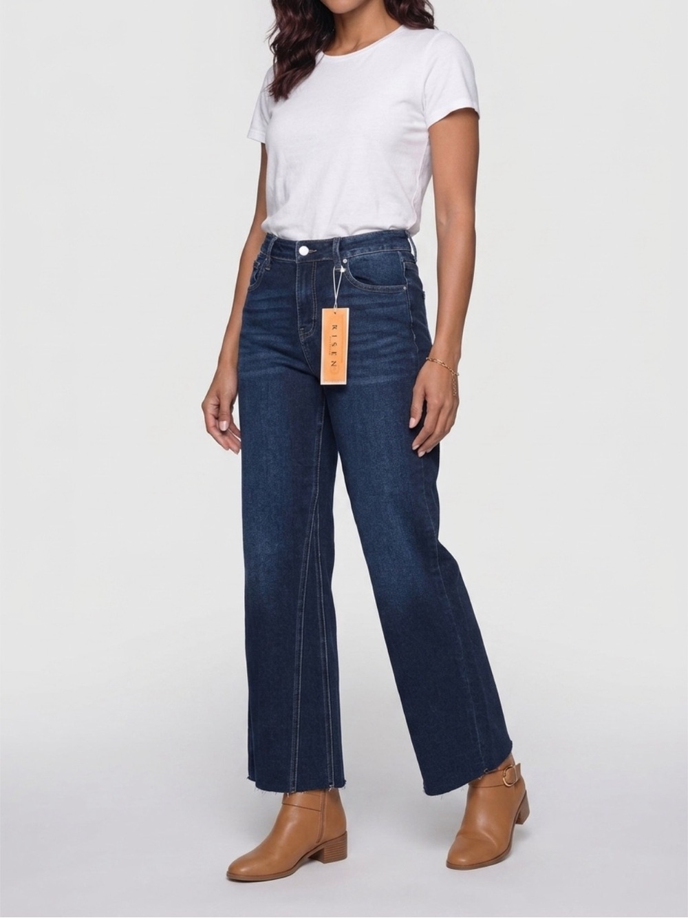 NWT Risen High Rise Wide Leg Raw Hem Jeans Dark Wash Stretch Denim Size 9/29